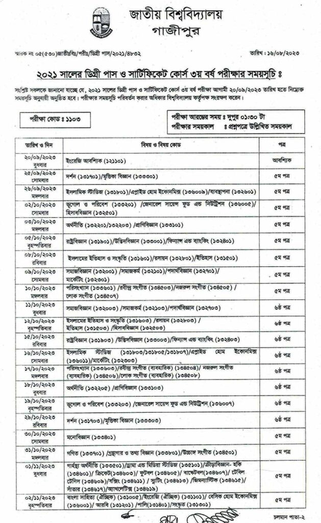 NU Degree 3rd Year Routine 2024 PDF Download 1 Deg 3